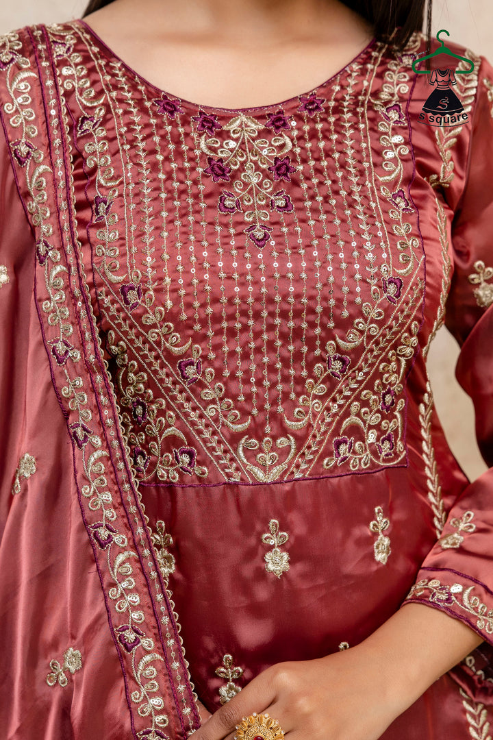 Soft & Shiny 3piece Suit Embroidered Kurti & Dupatta With Barocade Bottom (Kanchoi)