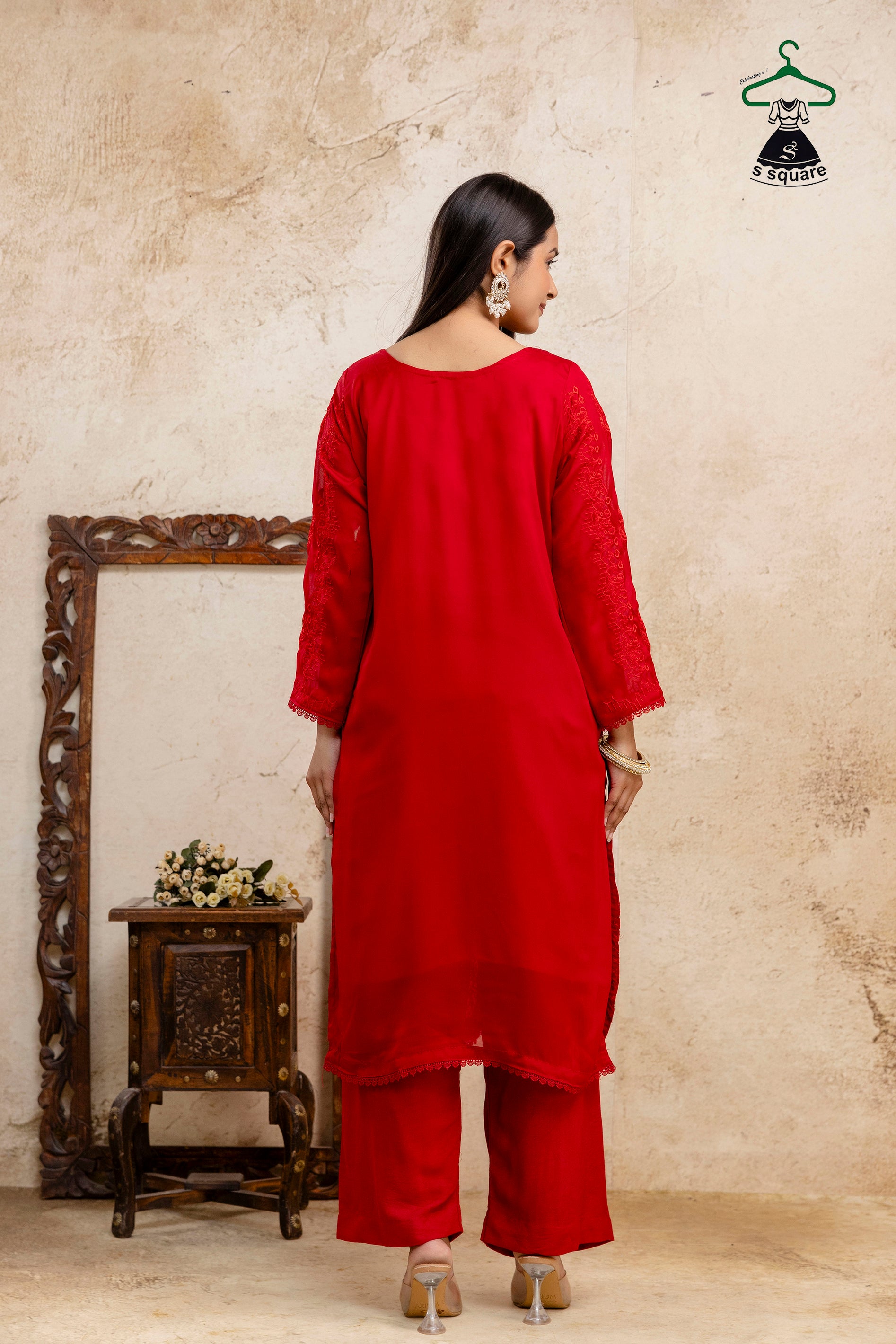 Self Embroidered 3 Piece Suit Embellished With Stone Kurti Dupatta Nd Bottom