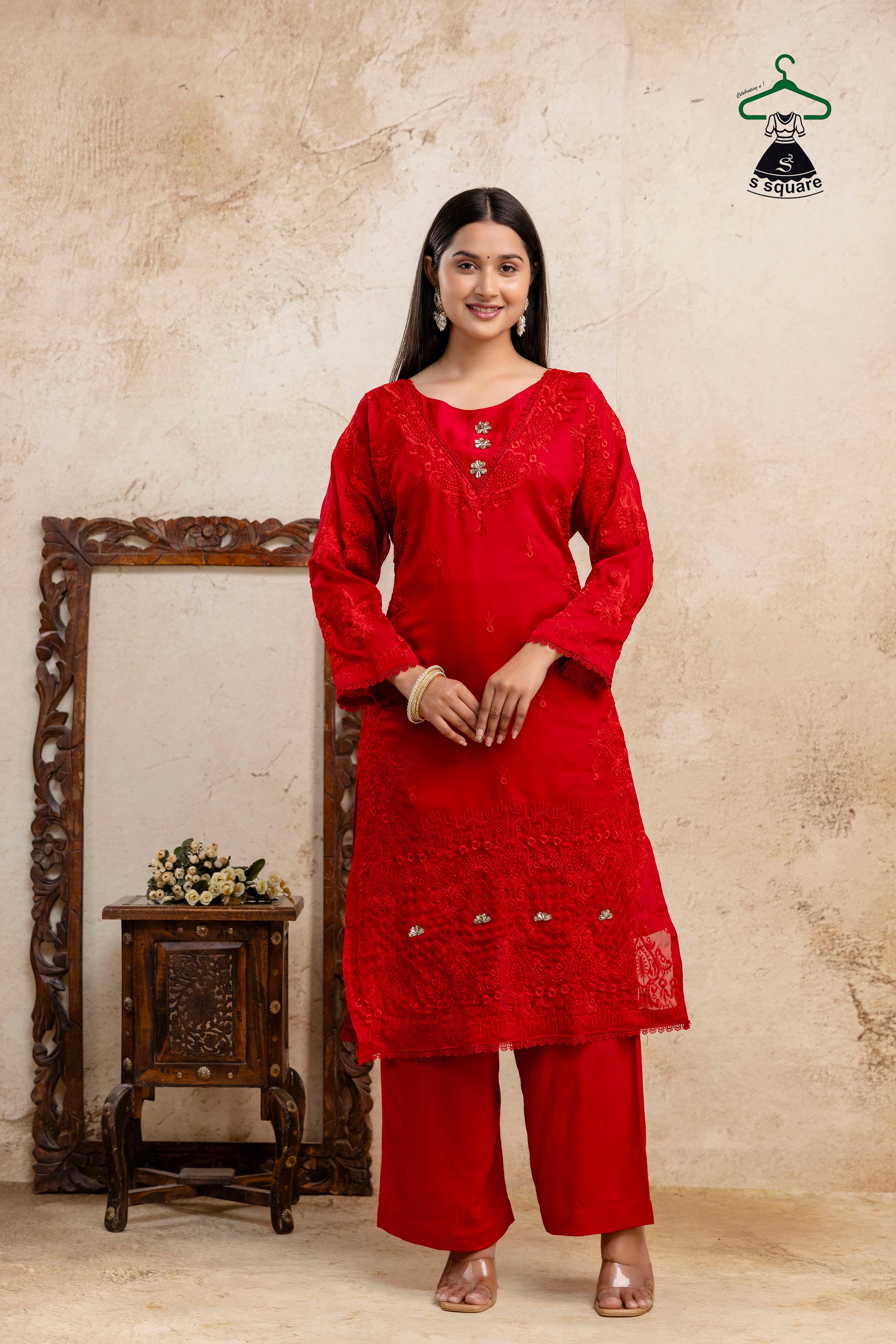 Self Embroidered 3 Piece Suit Embellished With Stone Kurti Dupatta Nd Bottom