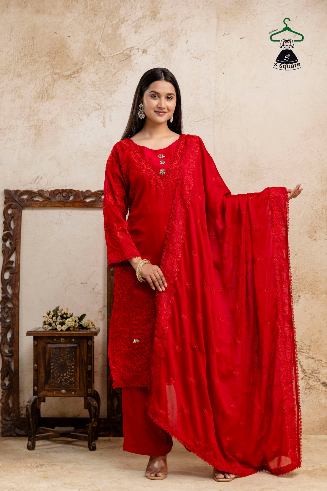 Self Embroidered 3 Piece Suit Embellished With Stone Kurti Dupatta Nd Bottom