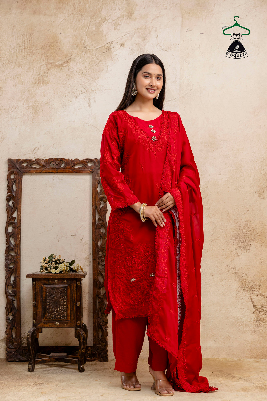 Self Embroidered 3 Piece Suit Embellished With Stone Kurti Dupatta Nd Bottom