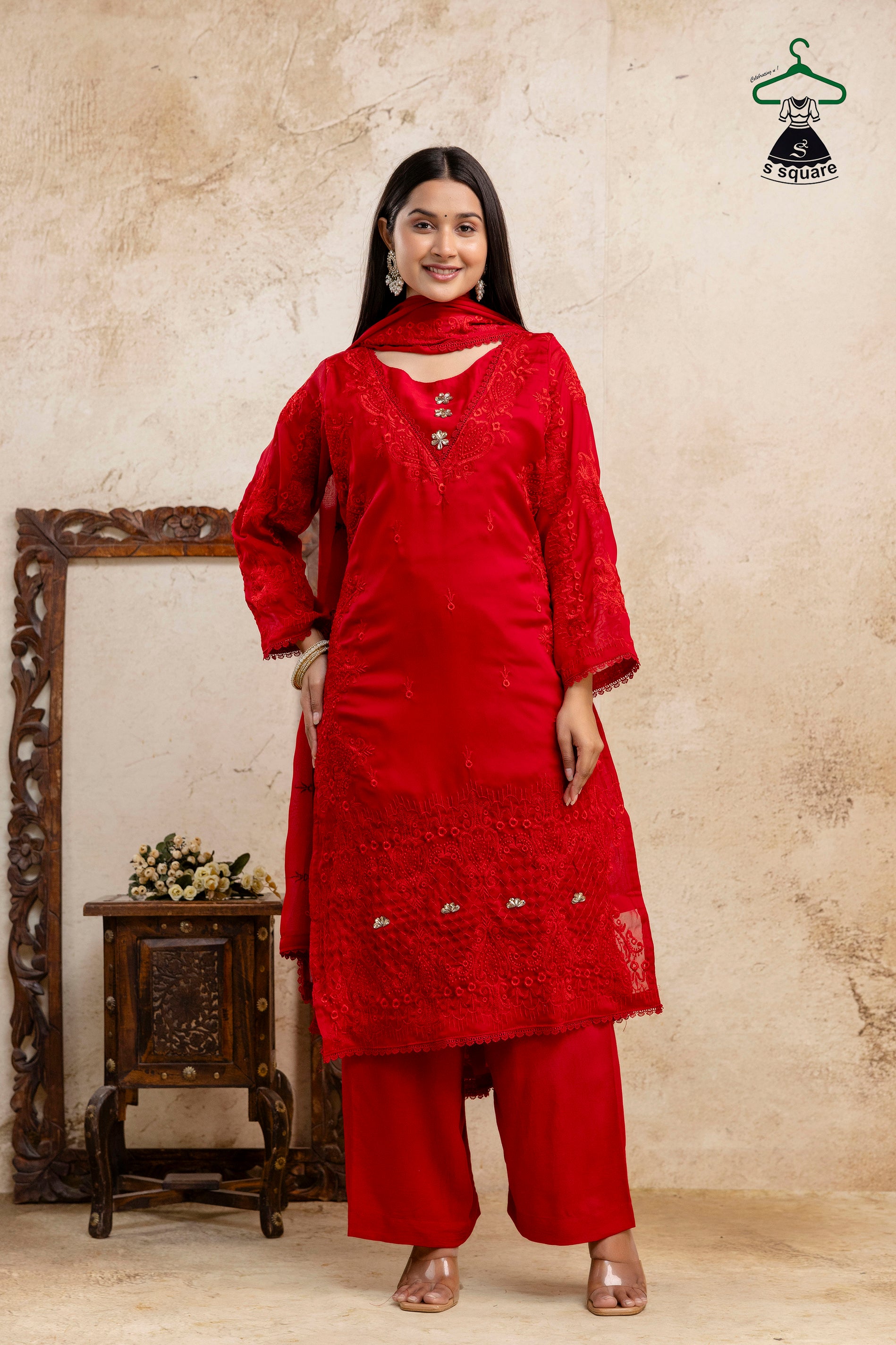 Self Embroidered 3 Piece Suit Embellished With Stone Kurti Dupatta Nd Bottom