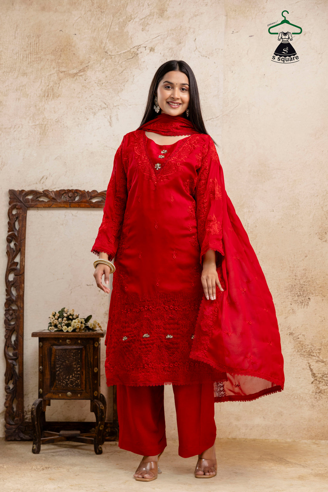 Self Embroidered 3 Piece Suit Embellished With Stone Kurti Dupatta Nd Bottom