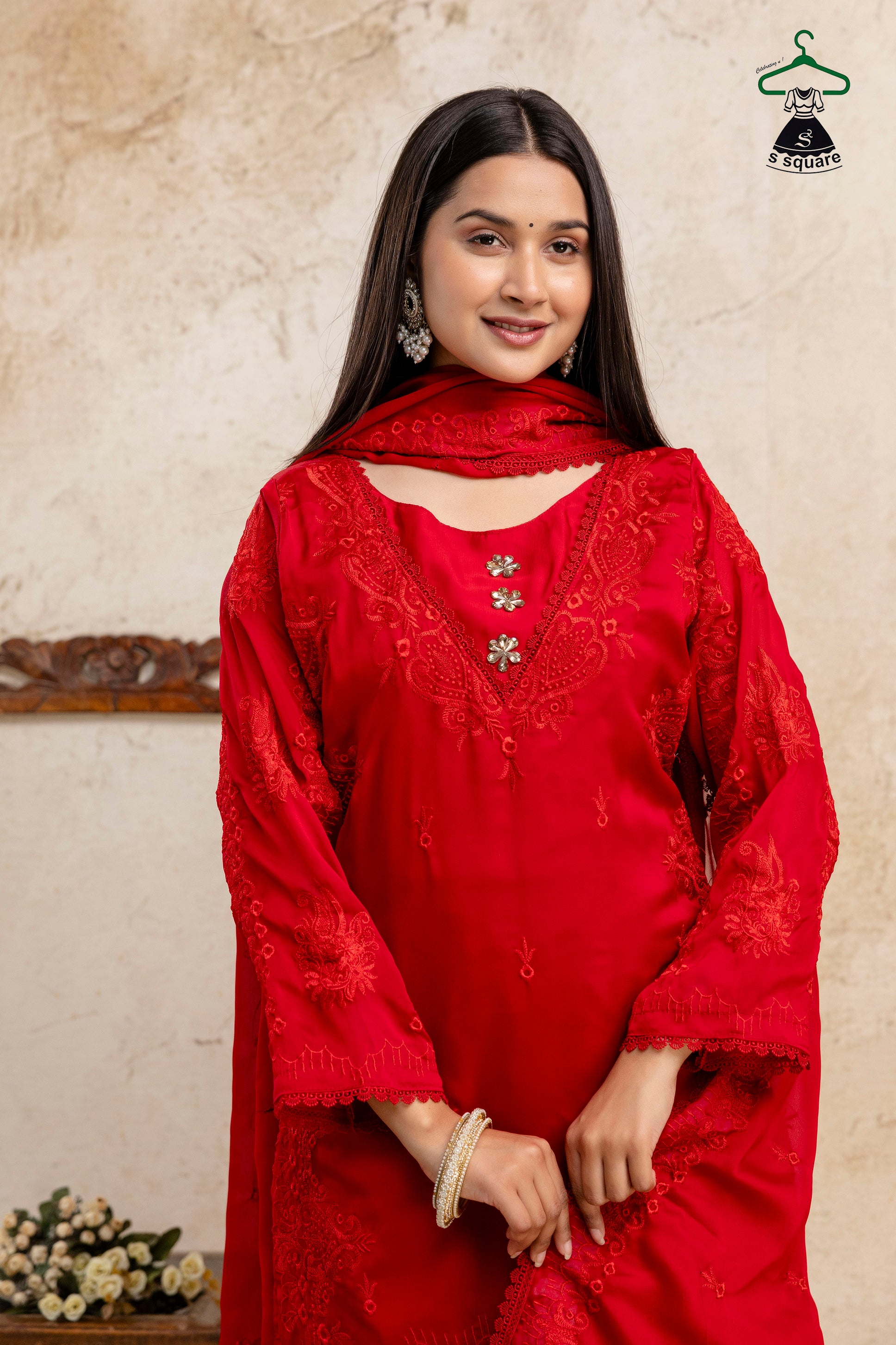 Self Embroidered 3 Piece Suit Embellished With Stone Kurti Dupatta Nd Bottom