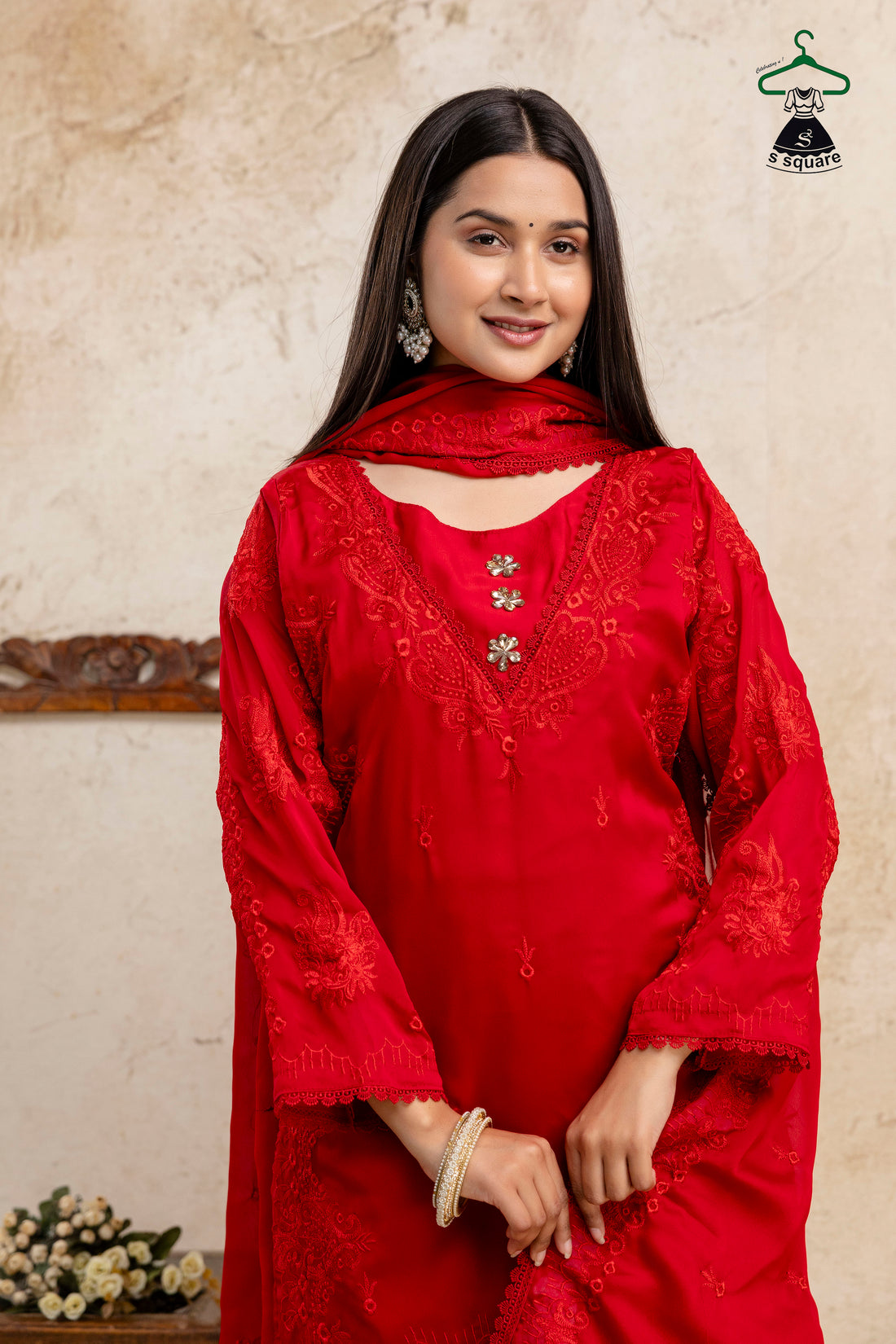 Self Embroidered 3 Piece Suit Embellished With Stone Kurti Dupatta Nd Bottom