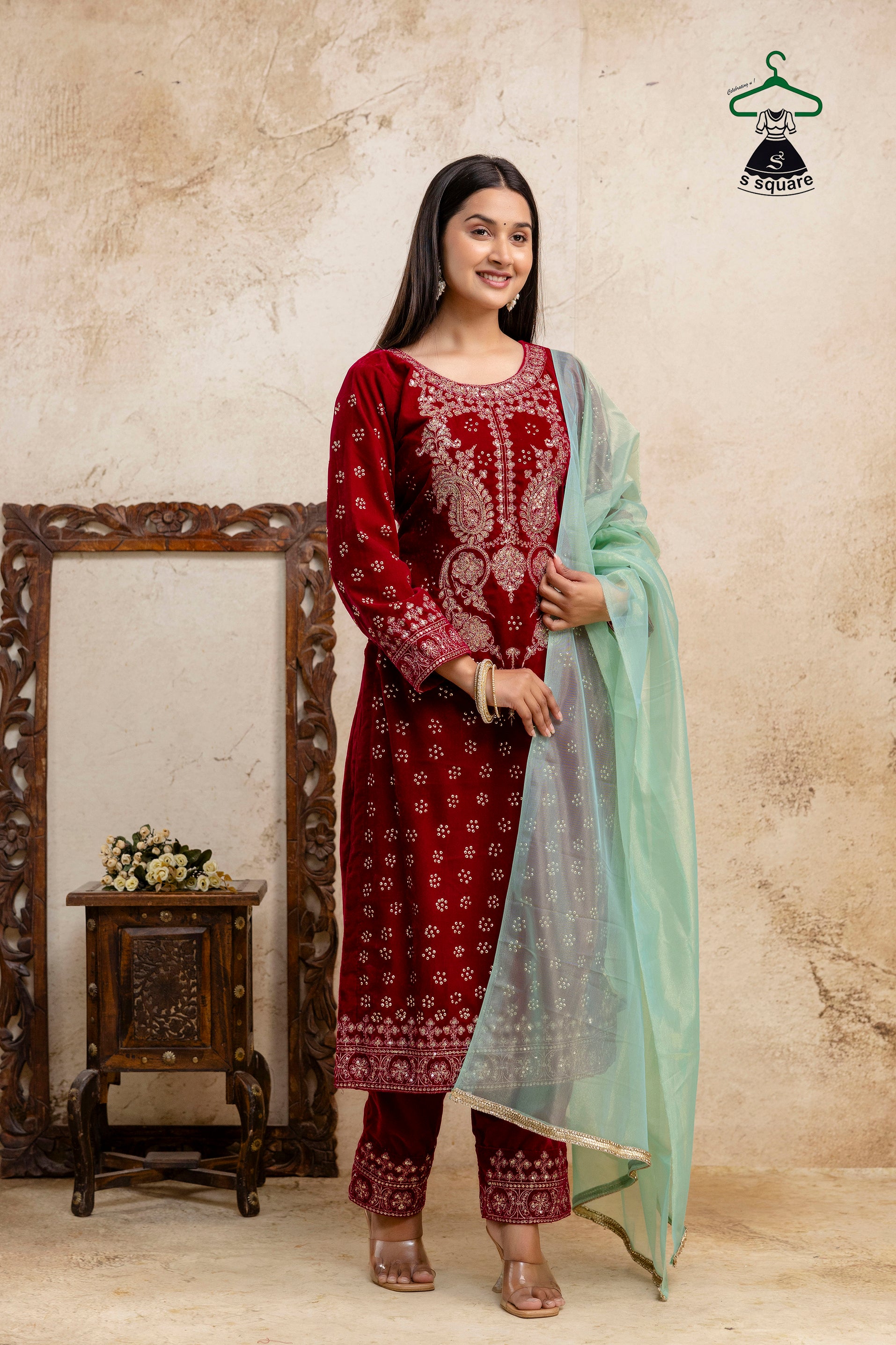 Winter Collections 3piece Velvet Suit Heavy Neck Embroidered & Spray Allover