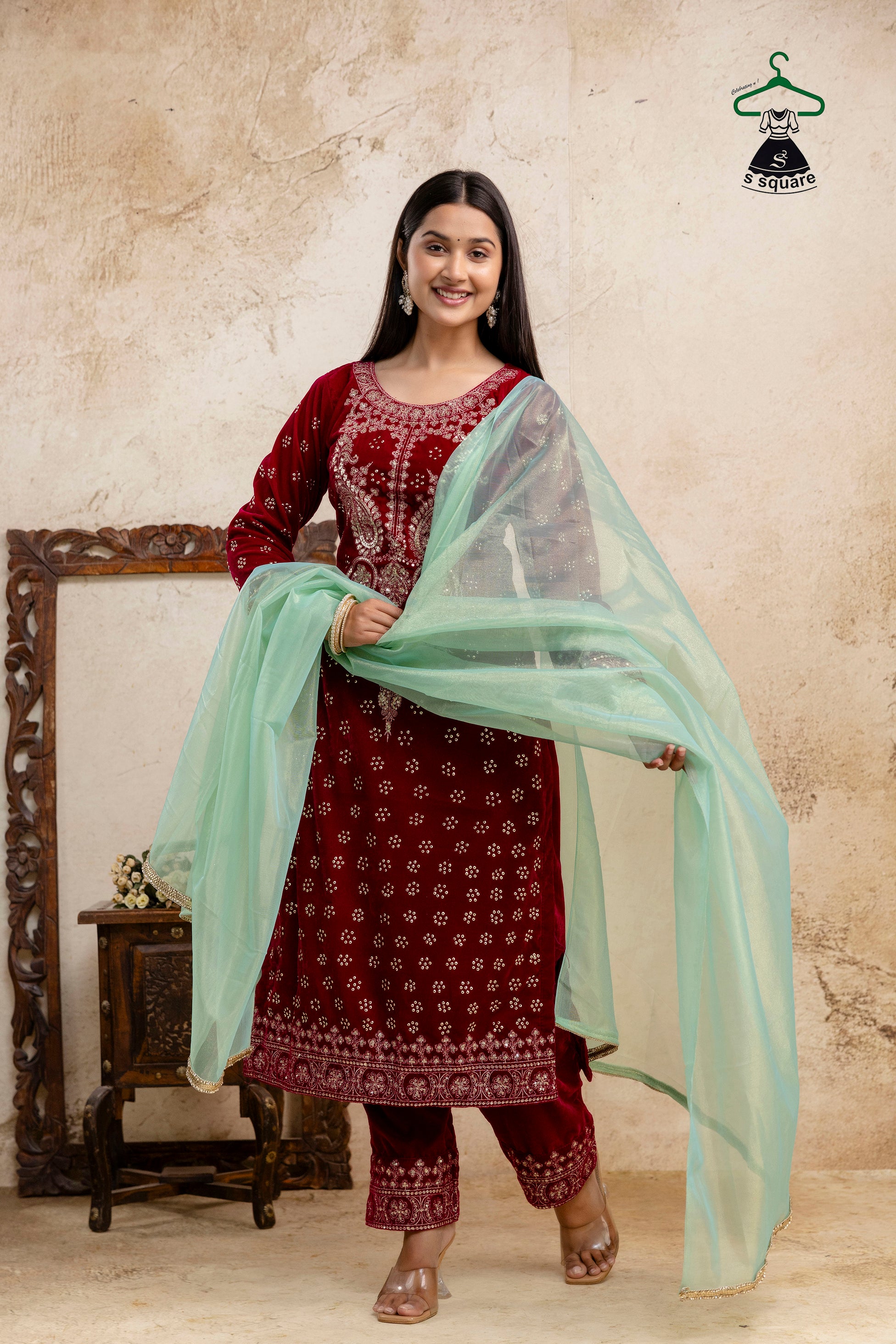 Winter Collections 3piece Velvet Suit Heavy Neck Embroidered & Spray Allover