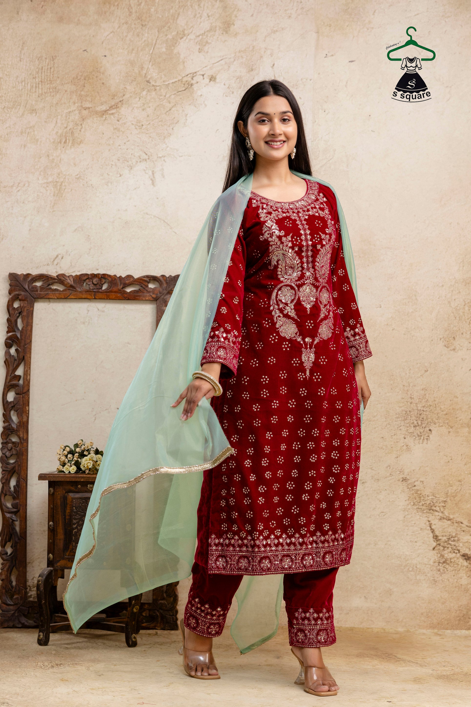 Winter Collections 3piece Velvet Suit Heavy Neck Embroidered & Spray Allover