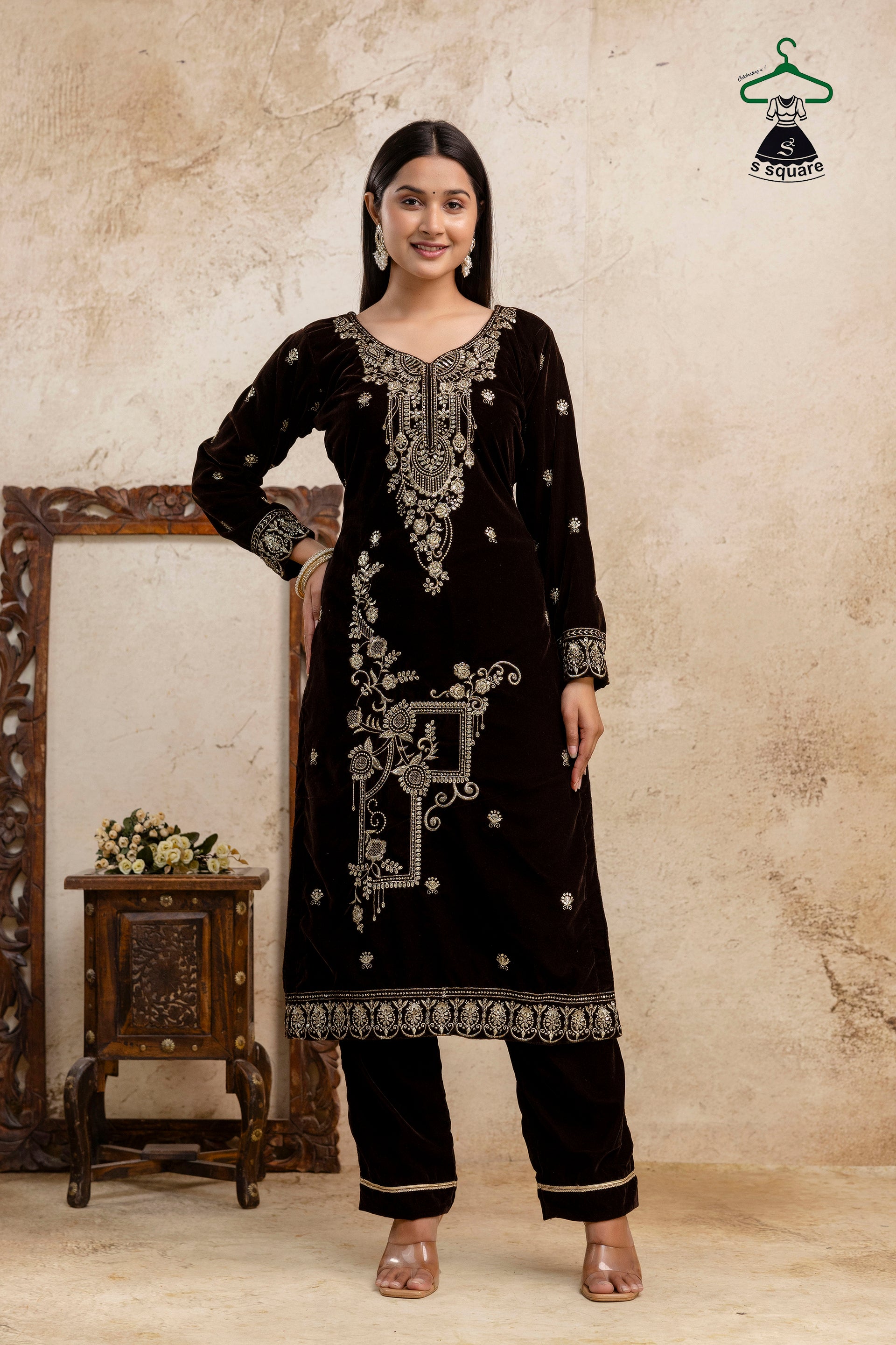 Winter Collection 3 Piece Velvet Suit Stylish Embroidery On Kurti Border On Dupatta