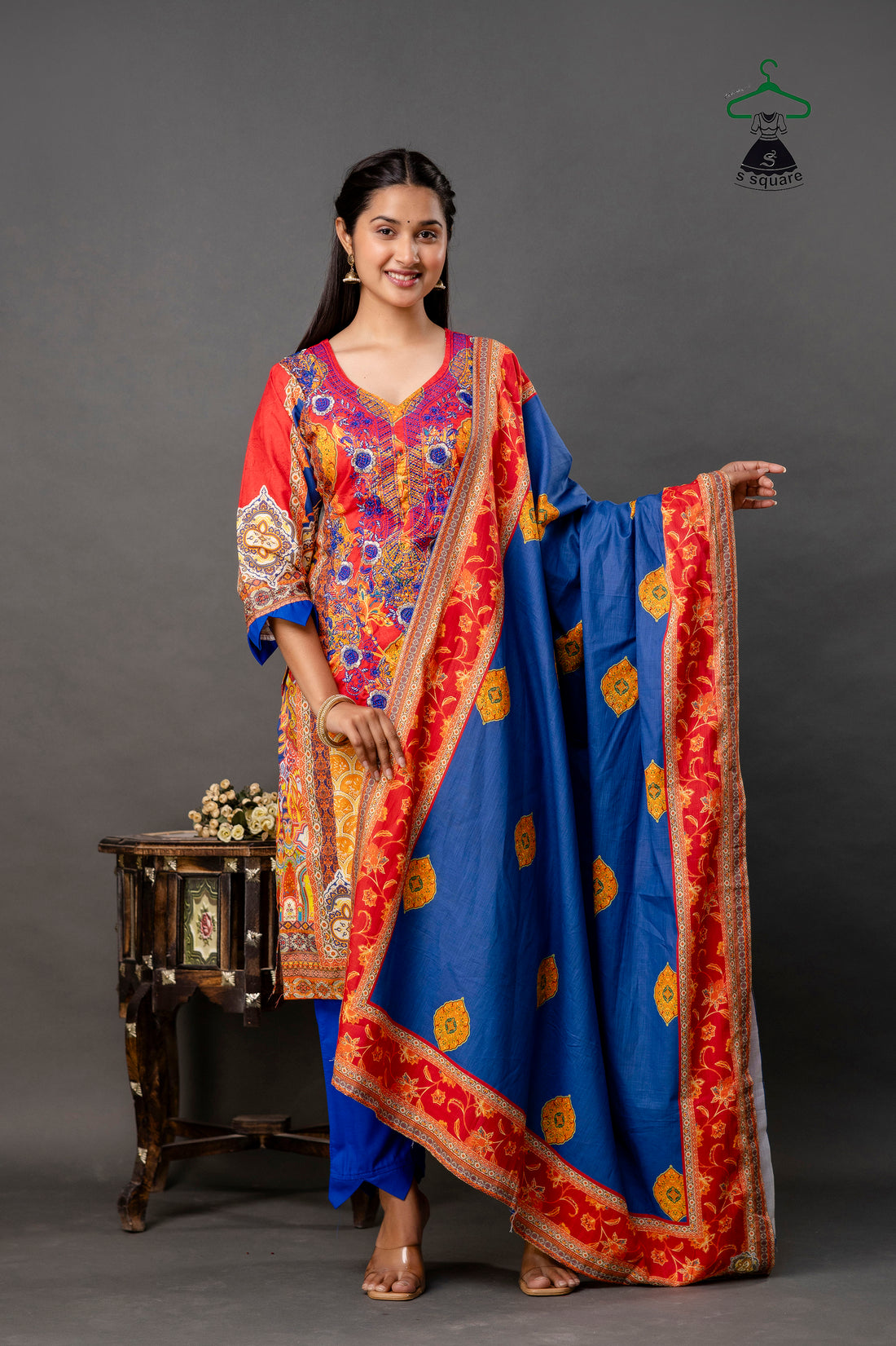 Pure Cotton Cambric & Cotton Slub 3 Piece Suit With Neck Embroidery