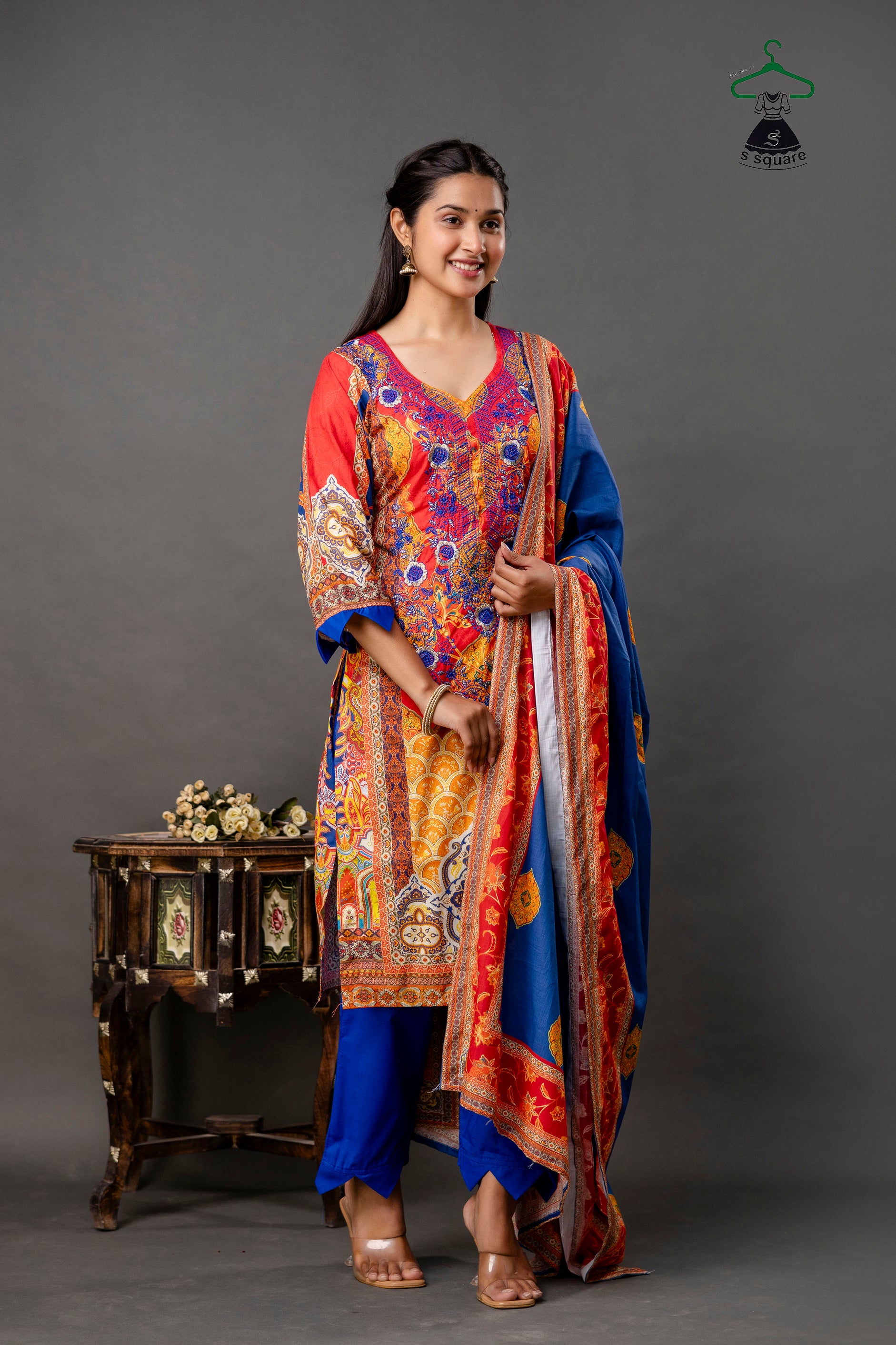 Pure Cotton Cambric & Cotton Slub 3 Piece Suit With Neck Embroidery