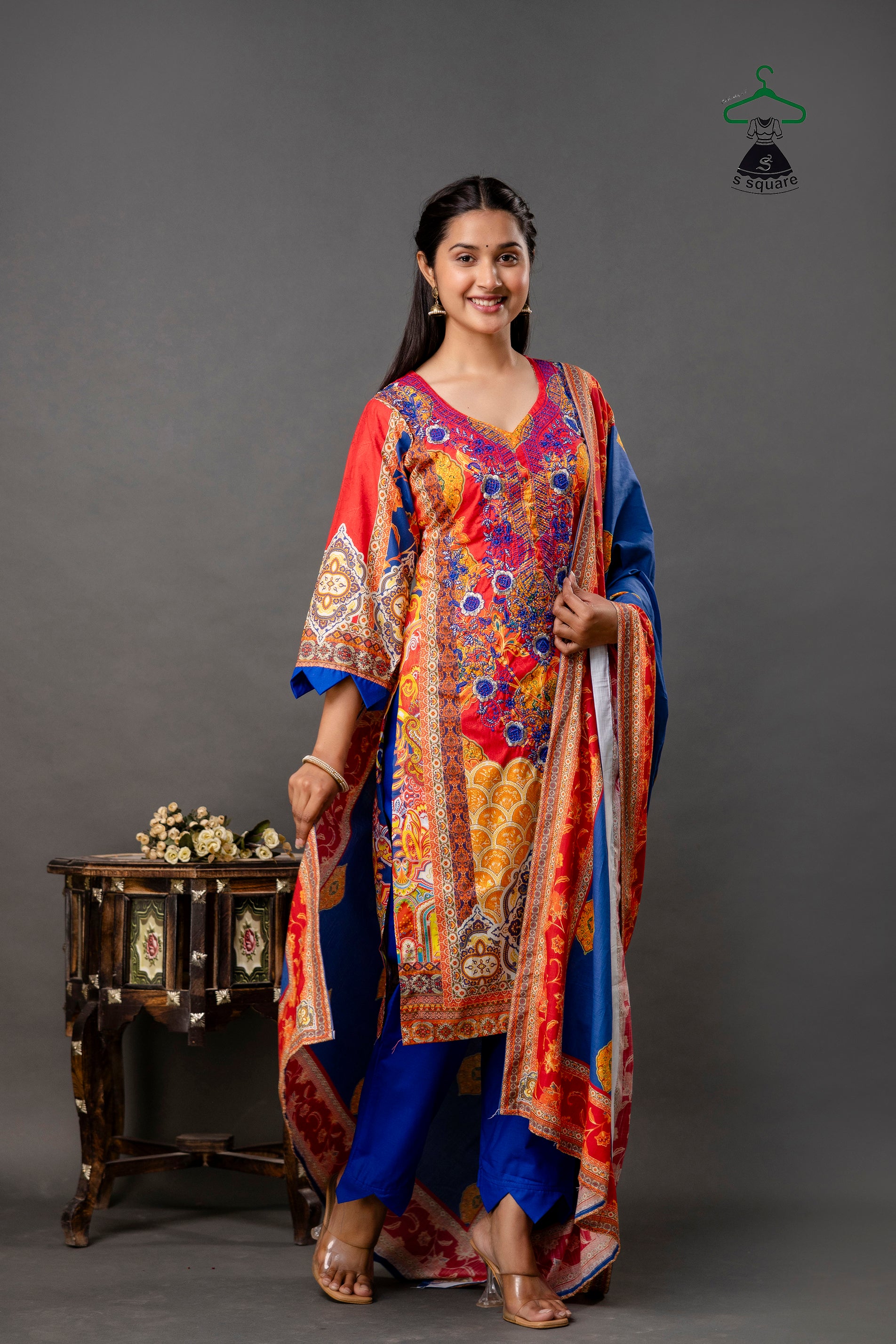 Pure Cotton Cambric & Cotton Slub 3 Piece Suit With Neck Embroidery