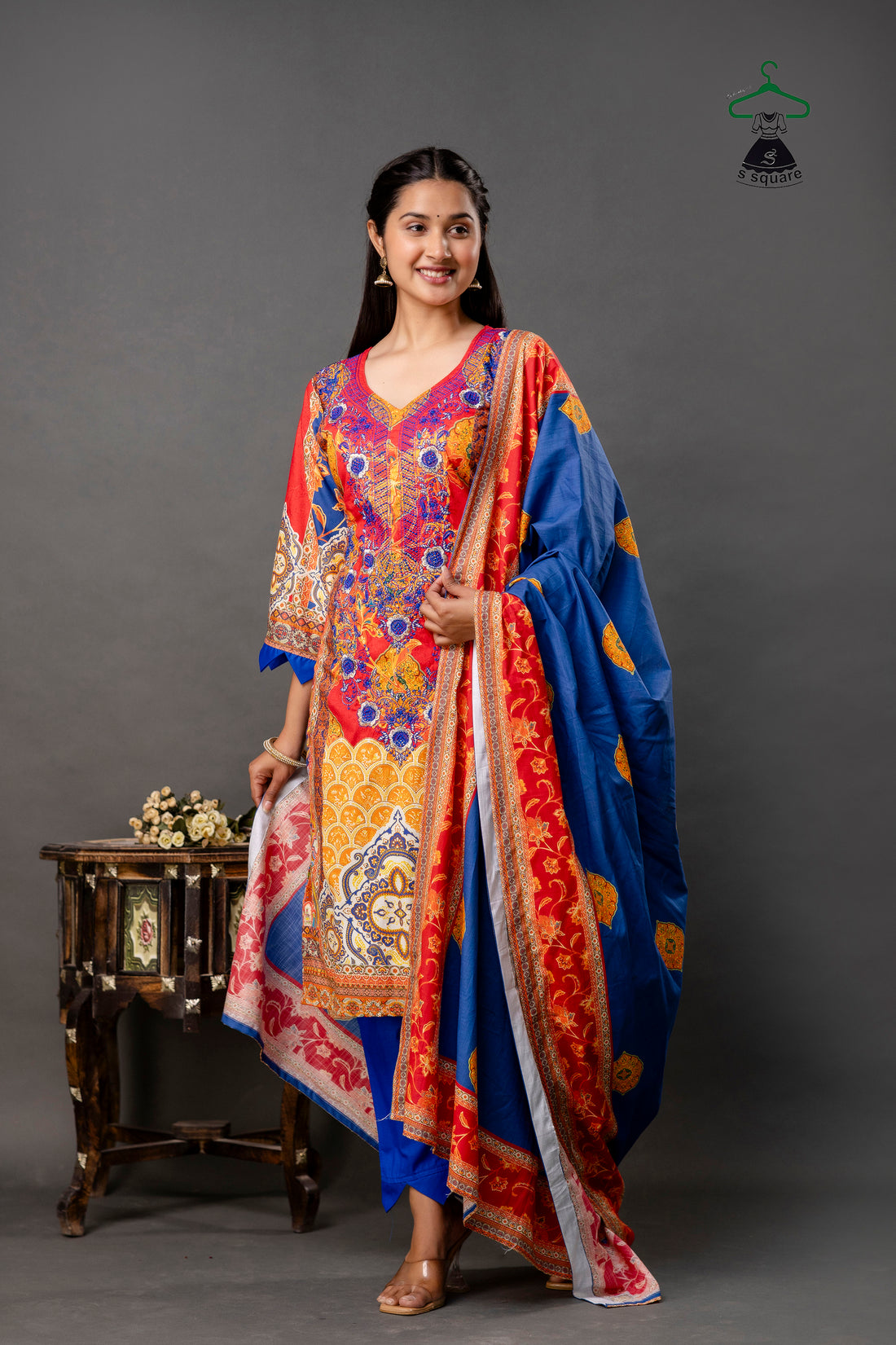 Pure Cotton Cambric & Cotton Slub 3 Piece Suit With Neck Embroidery