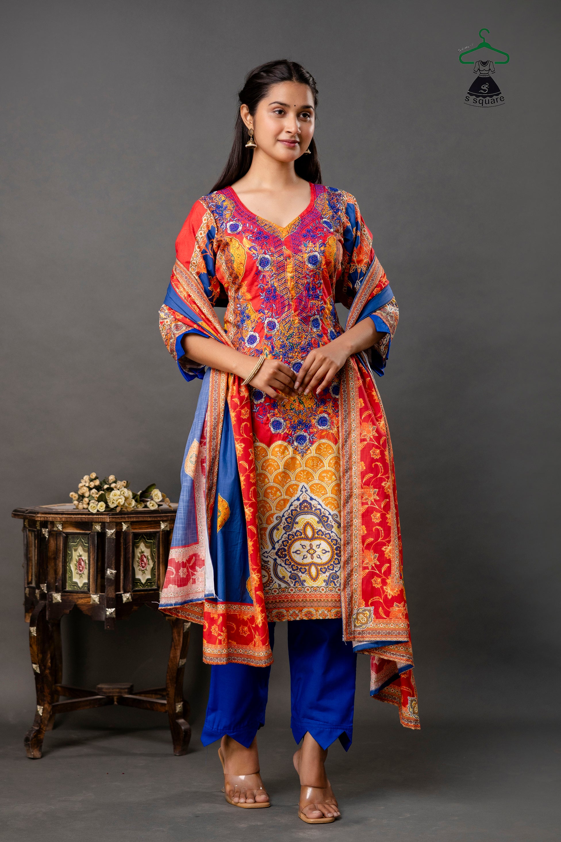 Pure Cotton Cambric & Cotton Slub 3 Piece Suit With Neck Embroidery