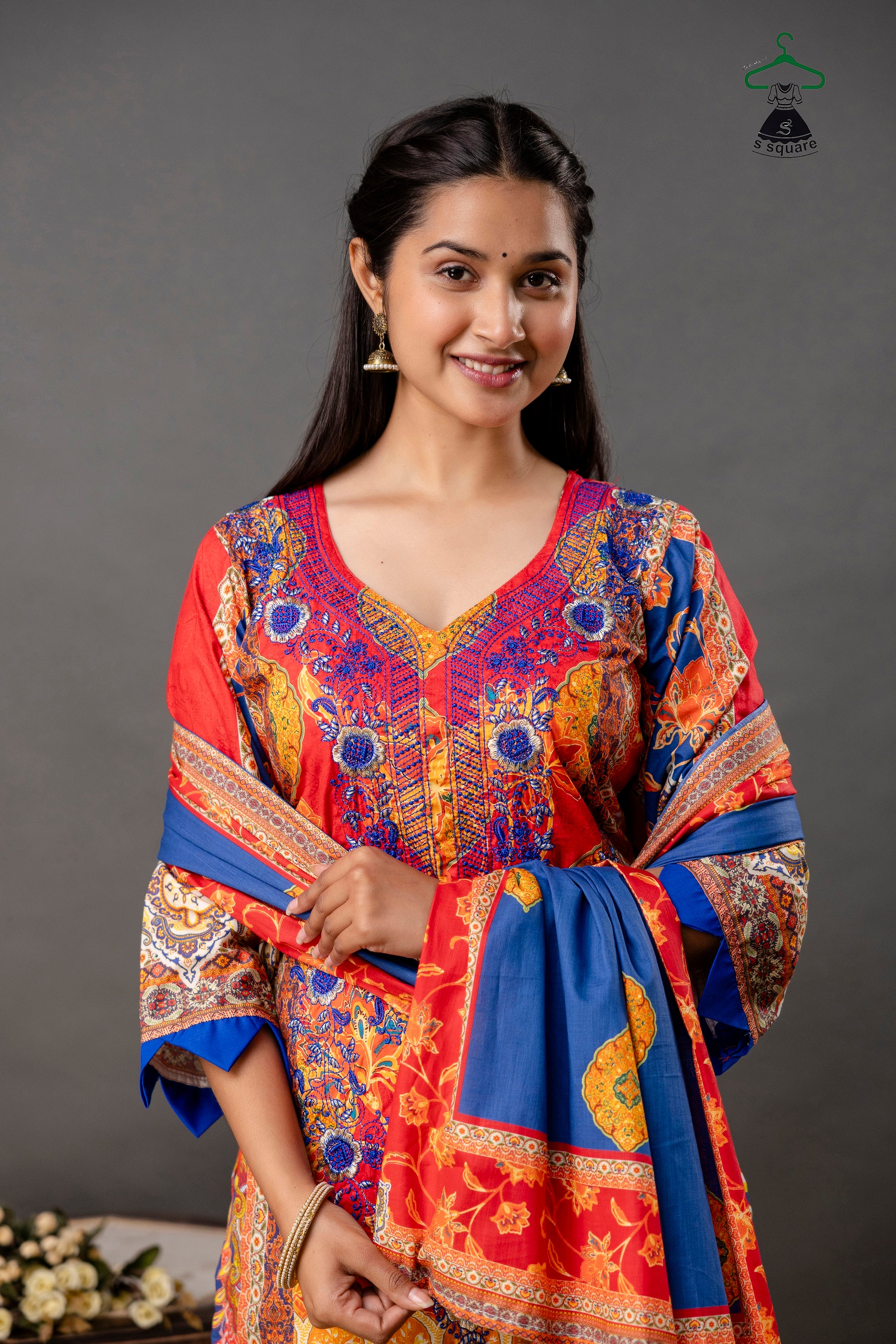 Pure Cotton Cambric & Cotton Slub 3 Piece Suit With Neck Embroidery