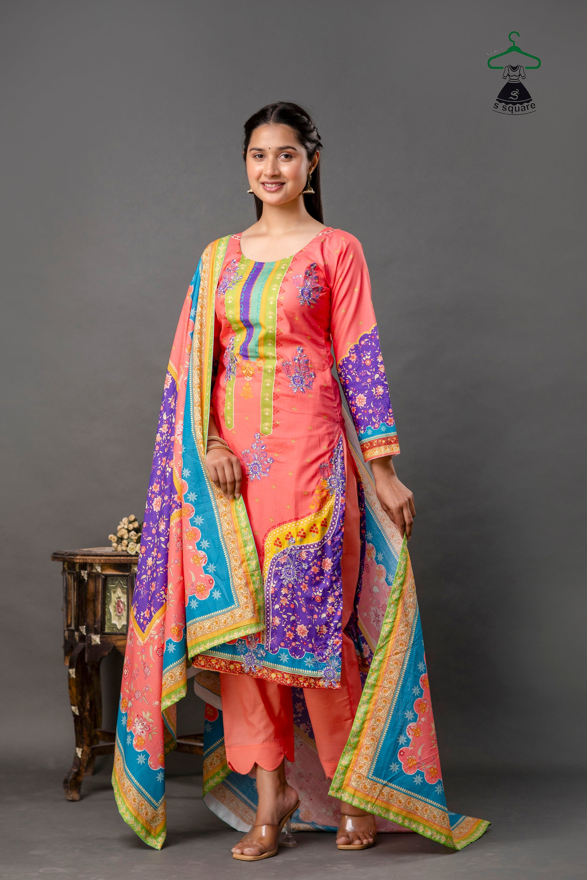 Pure Cotton Cambric & Cotton Slub 3 Piece Suit With Heavy Embroidered Butti Allover
