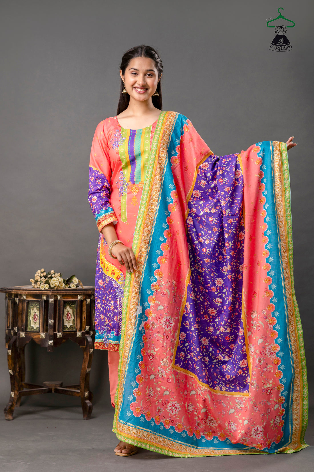 Pure Cotton Cambric & Cotton Slub 3 Piece Suit With Heavy Embroidered Butti Allover