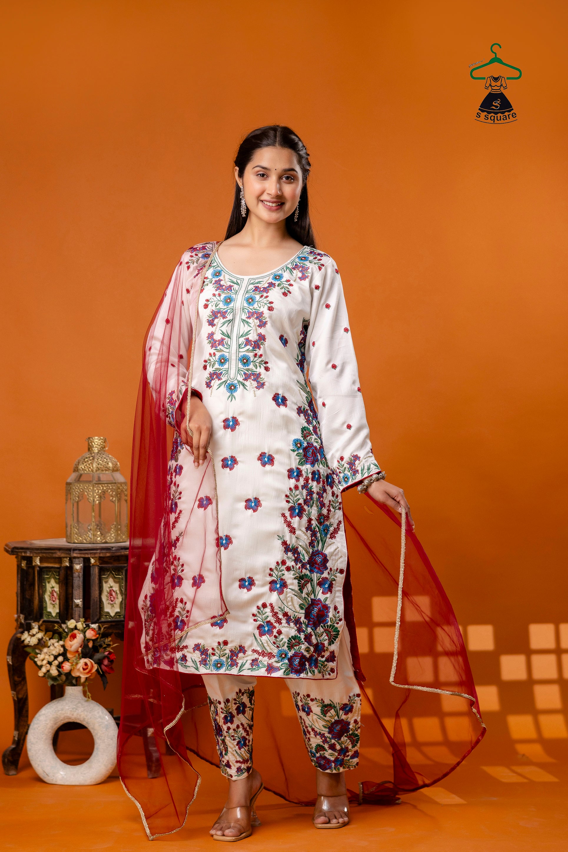 3Piece Suit Heavy Panel Embroidered Suit With Net Dupatta