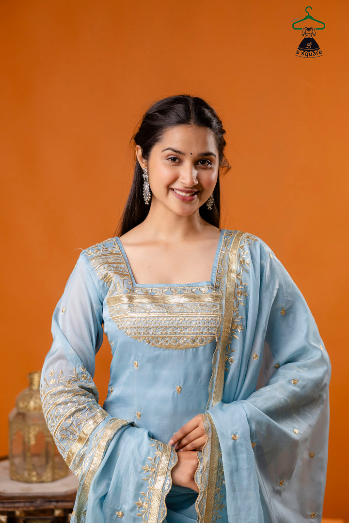 Zari Embroidery 3Piece Suit With Brocade Bottom