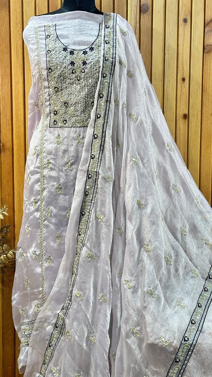 Soft & Shiny 3piece Suit Embroidered Kurti & Dupatta With Barocade Bottom (Kanchoi)