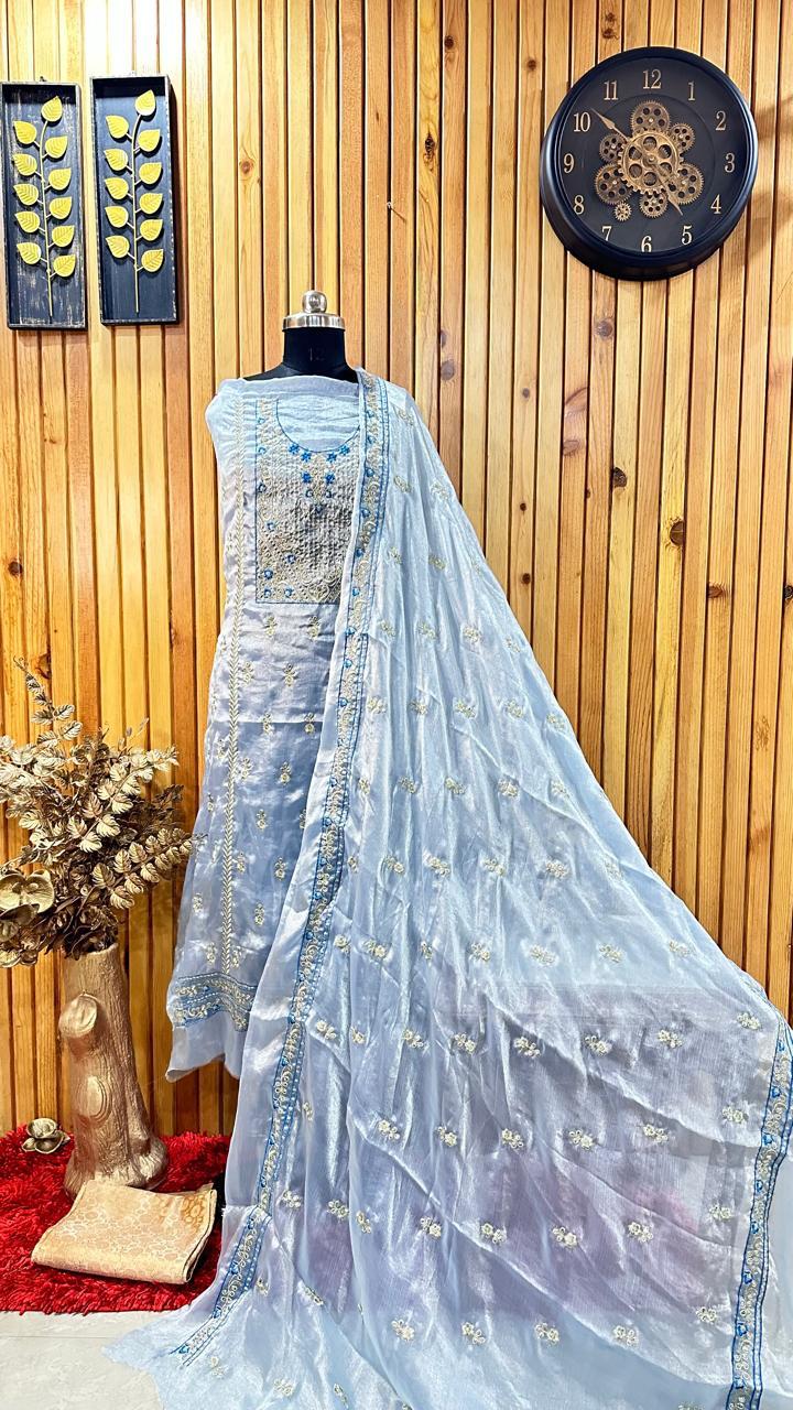 Soft & Shiny 3piece Suit Embroidered Kurti & Dupatta With Barocade Bottom (Kanchoi)