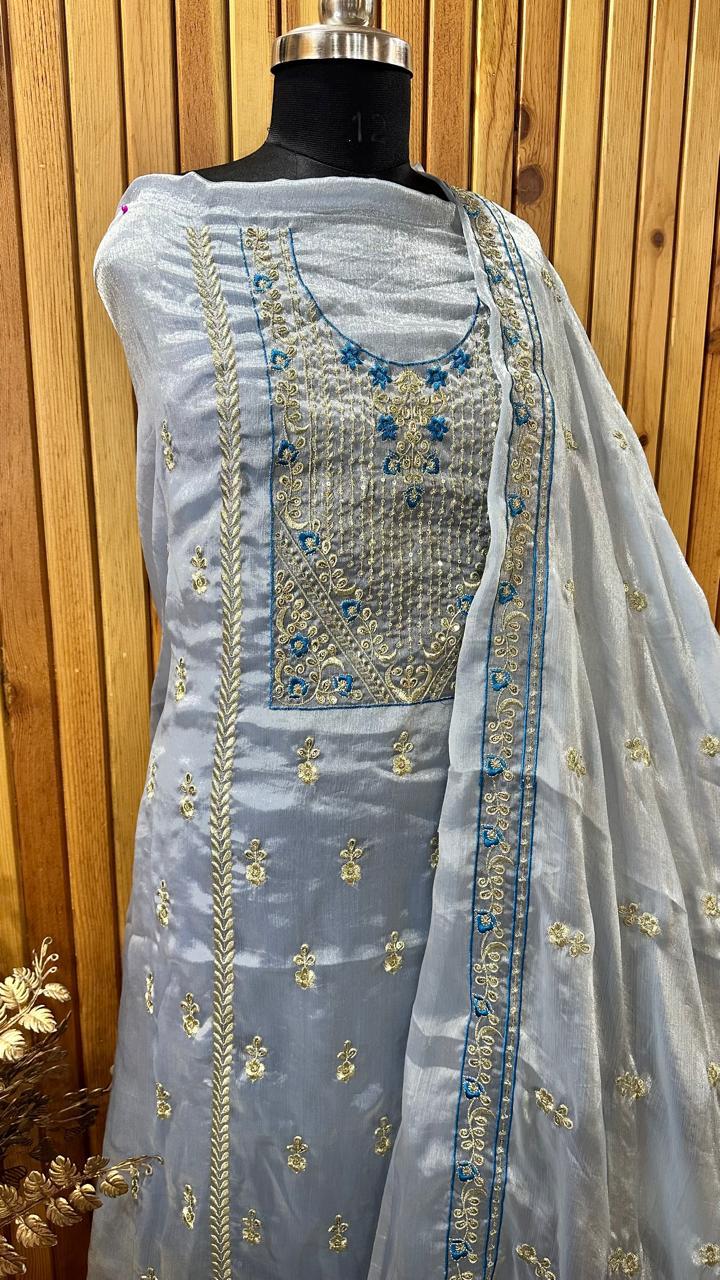 Soft & Shiny 3piece Suit Embroidered Kurti & Dupatta With Barocade Bottom (Kanchoi)