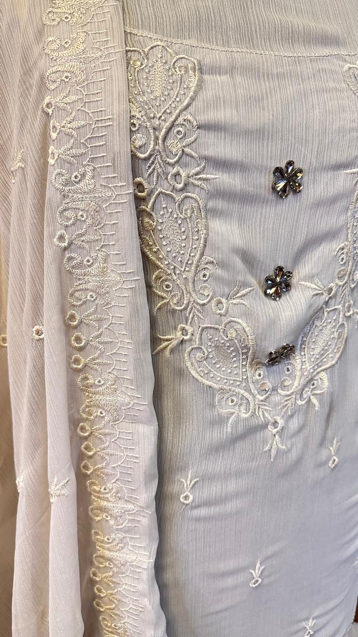 Self Embroidered 3 Piece Suit Embellished With Stone Kurti Dupatta Nd Bottom