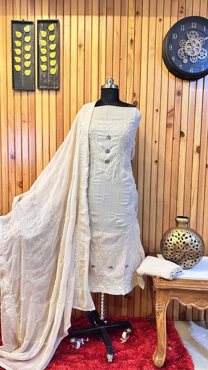 Self Embroidered 3 Piece Suit Embellished With Stone Kurti Dupatta Nd Bottom