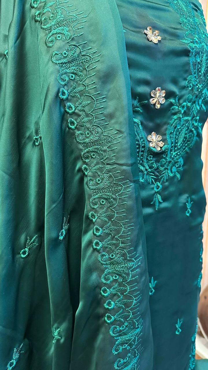 Self Embroidered 3 Piece Suit Embellished With Stone Kurti Dupatta Nd Bottom