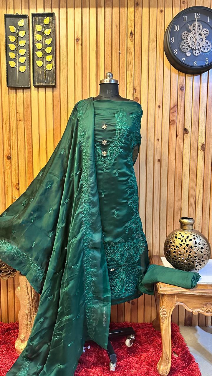 Self Embroidered 3 Piece Suit Embellished With Stone Kurti Dupatta Nd Bottom